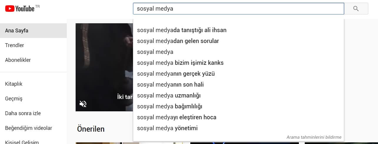 youtube otomatik tamamlama