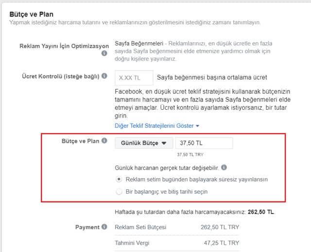 facebook reklam bütçesi